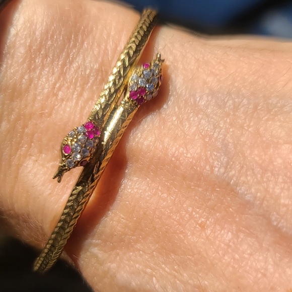 Topaz &Ruby Dual bronze Snake Adjustable .925 sterling Bracelet - Picture 2 of 12